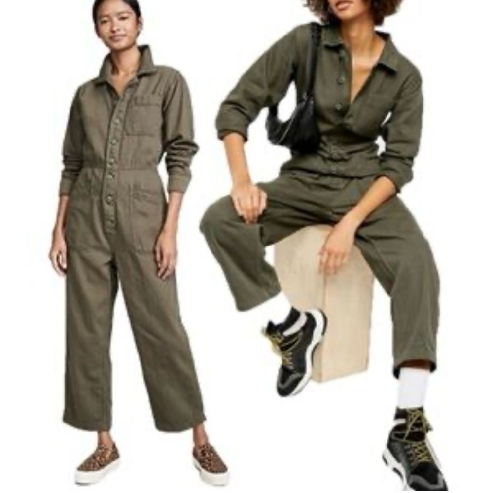 Free People Khaki Button-Down Jumpsuit